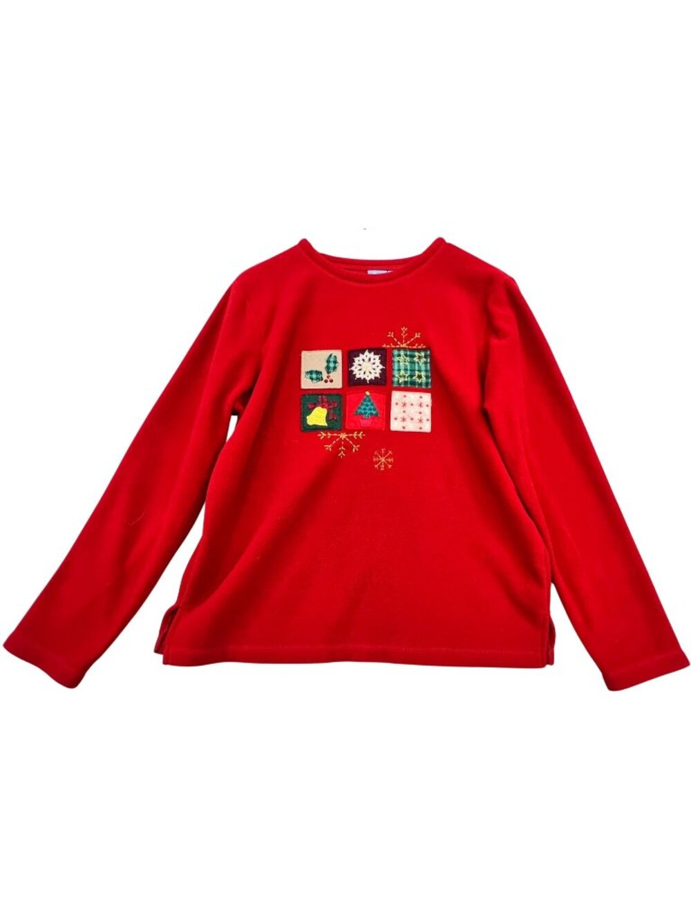 Holiday Editions Women Embroidered Christmas Fleece Sweater Long Sleeve Sz L Red
